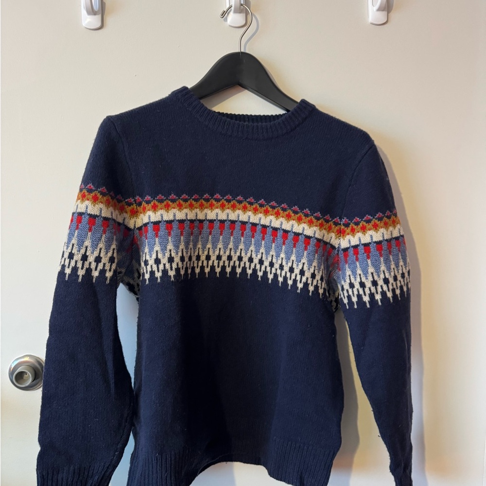 J. Crew Navy Crewneck Sweater with Multicolor Pattern